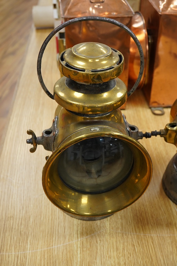 A pair of brass side lamps by Lucas Ltd. Birmingham, “King of the Road” No.740, both with early conversions to electricity, missing original burners, but fitted with small bayonet lamp fittings. Condition - fair to good.